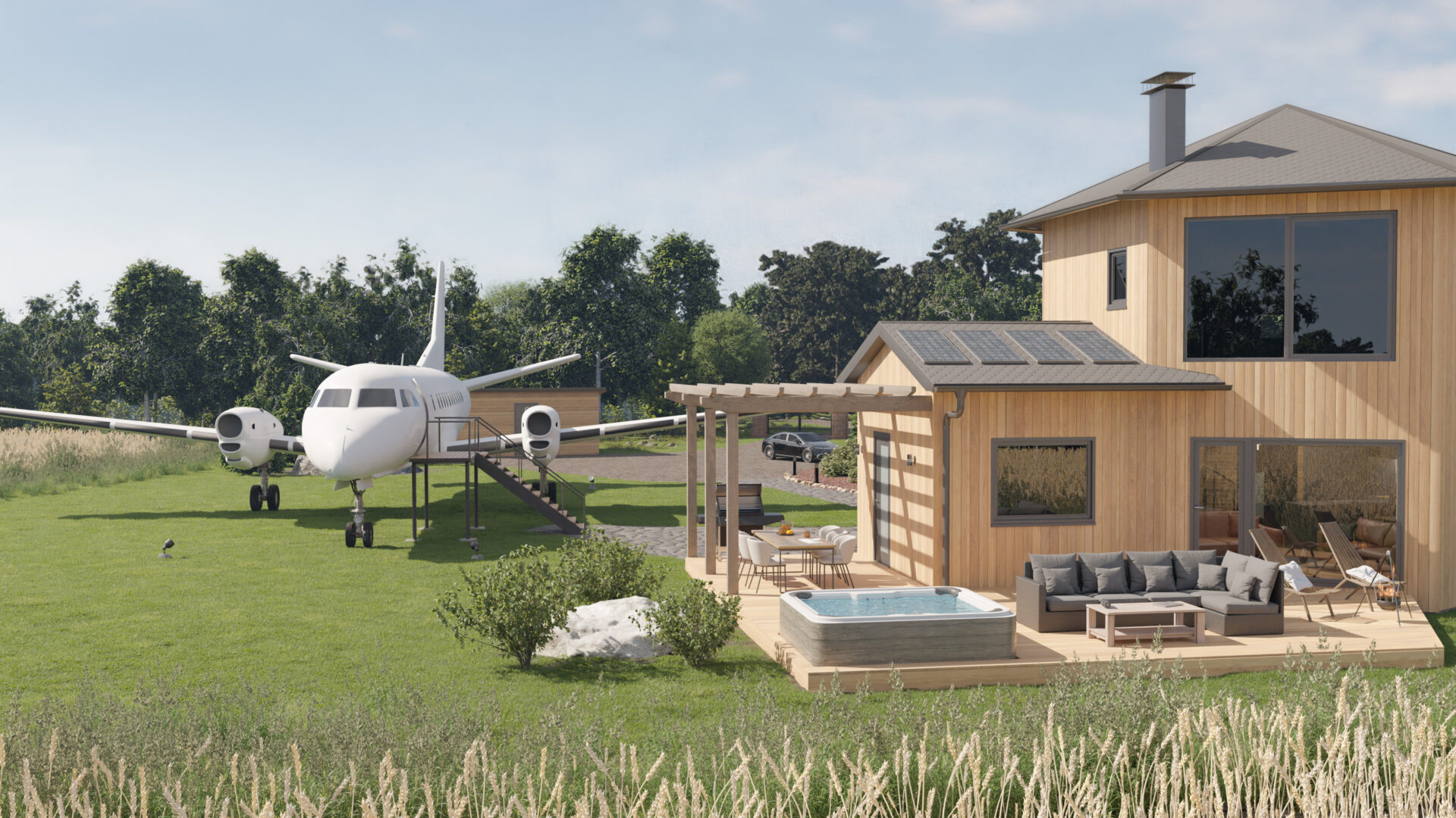 3D-visualisoitu rakennus ja piha