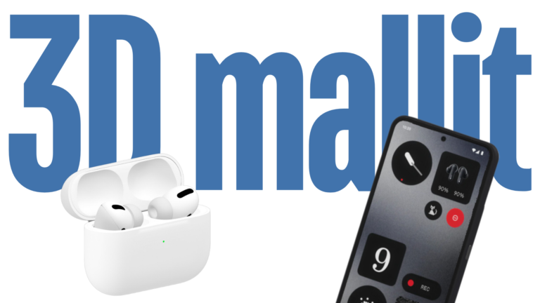 3D-mallit -otsikko, taustalla näkyy sininen teksti '3D-mallit'. Kuvan etualalla ovat AirPods-kuulokkeet niiden kotelossa sekä älypuhelin, jonka näytöllä näkyy minimalistinen käyttöliittymä