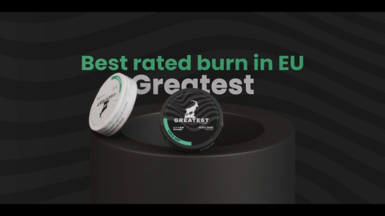 3D-renderöinti Greatest-nuuskapurkeista mustalla taustalla, jossa vihreä bränditeksti “Best rated burn in EU”.