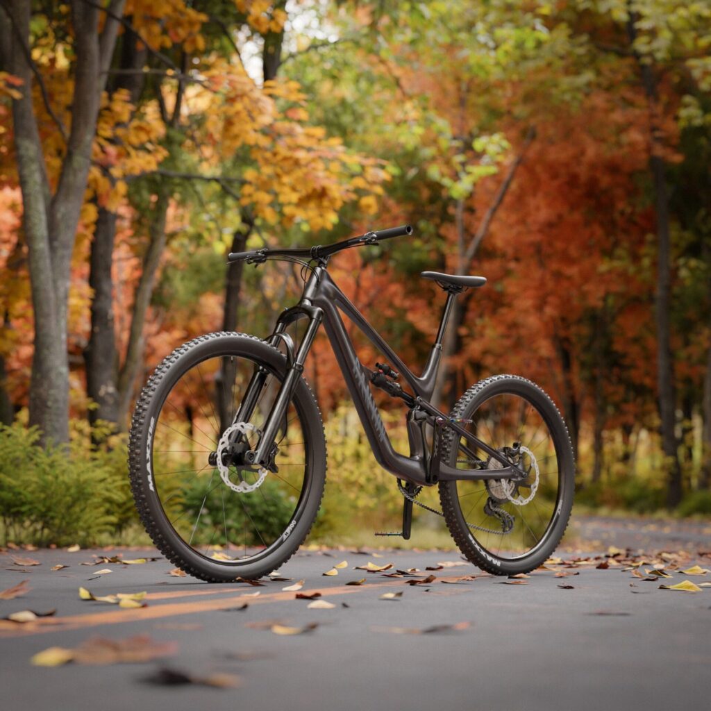 3D-visualisointi polkupyörästä syksyisessä maisemassa, realistinen valaistus ja aidot materiaalit korostavat mallin yksityiskohtia.