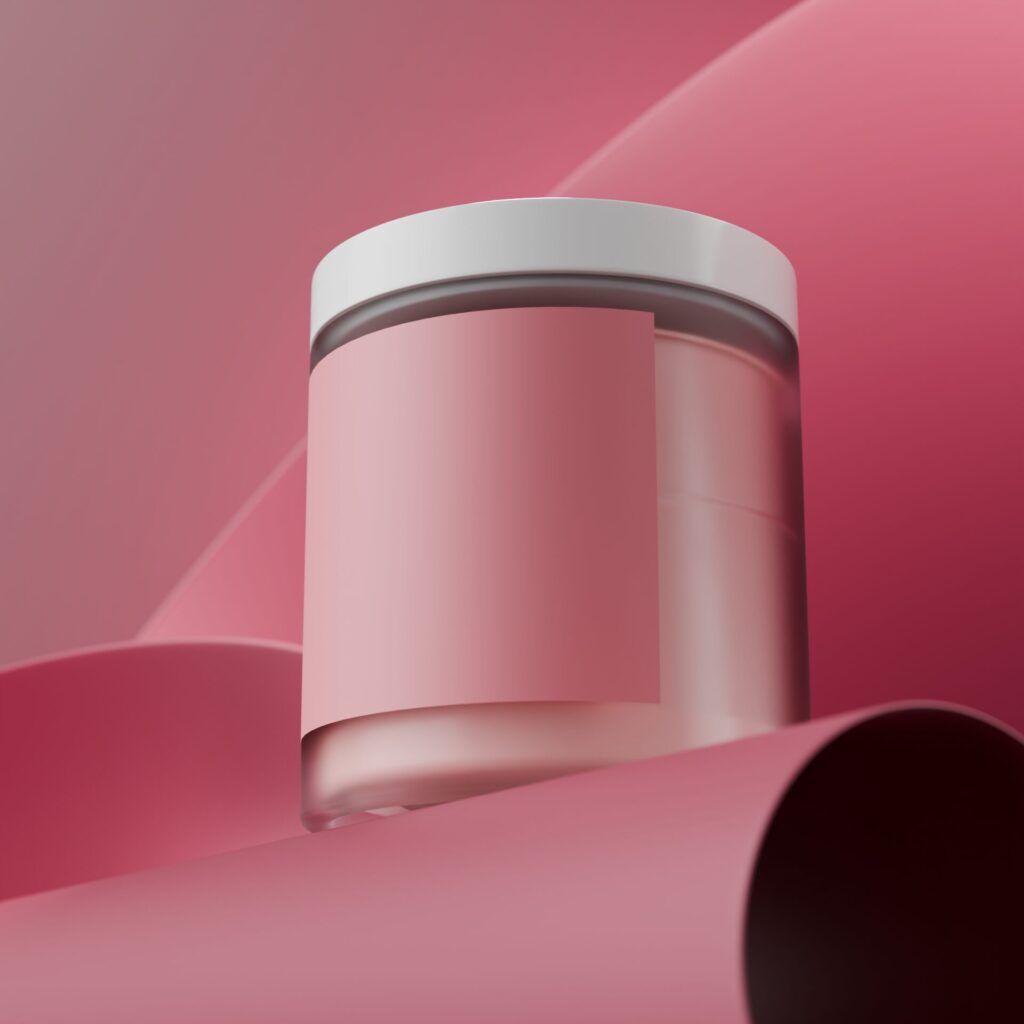 3D-renderöity voidepurkki vaaleanpunaisessa ympäristössä, pehmeiden kaarevien muotojen keskellä.