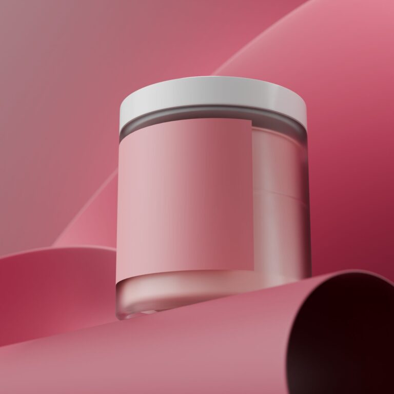 3D-renderöity voidepurkki vaaleanpunaisessa ympäristössä, pehmeiden kaarevien muotojen keskellä.