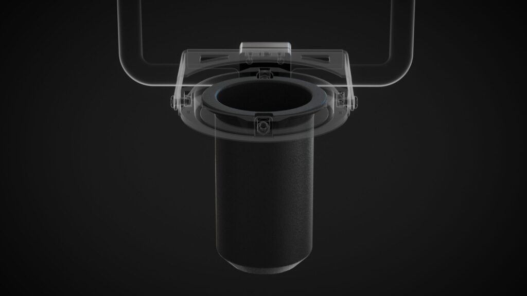 Tekninen 3D-visualisointi Proutec-tölkkitelineen lisäosan kiinnityksestä läpinäkyvän rungon avulla.