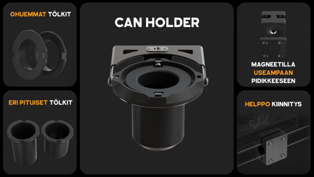 Bento-tyylinen tekninen 3D-visualisointi Proutec-tölkkitelineen ominaisuuksista, kuten magneettikiinnityksestä ja eri tölkkikoista.